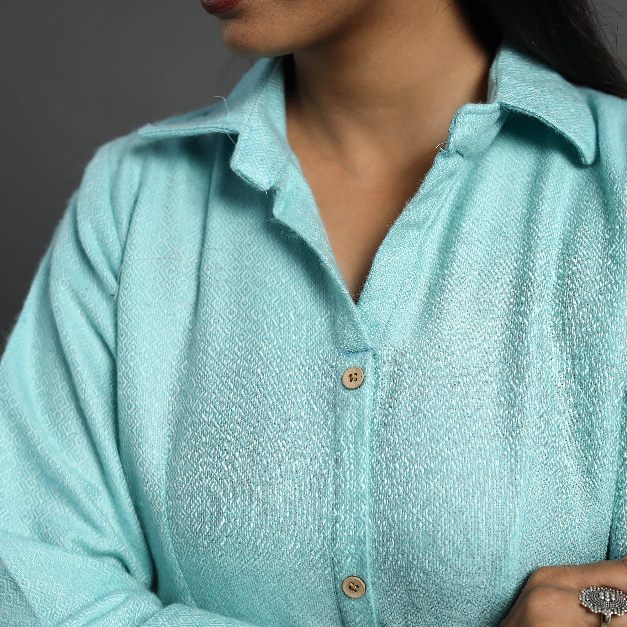 Alisha Light Blue Plain Button Down Woollen Dress 07