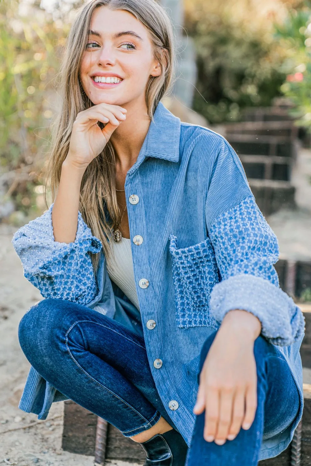 And The Why Button Down Corduroy Contrast Textured Long Sleeve Shacket
