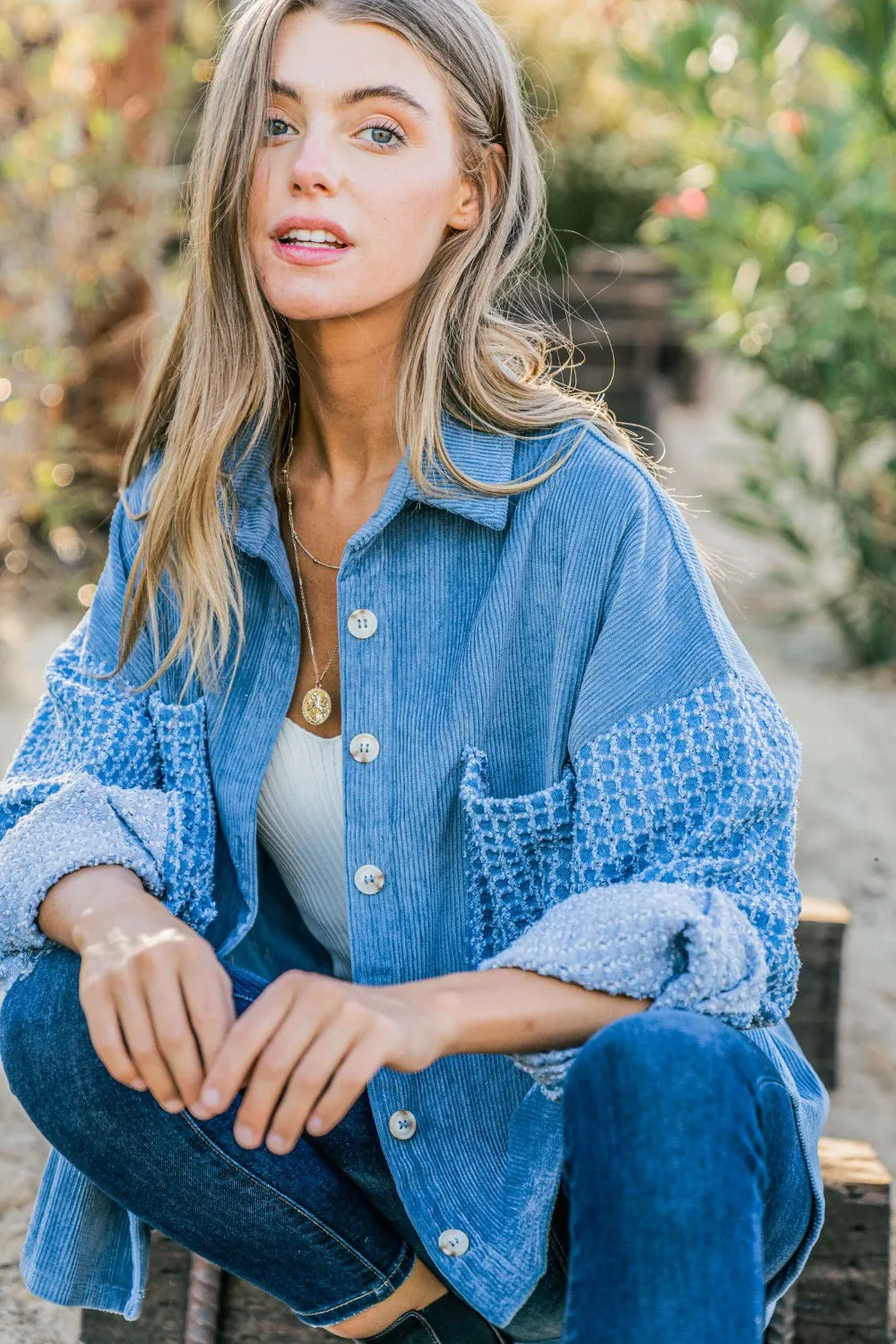 And The Why Button Down Corduroy Contrast Textured Long Sleeve Shacket