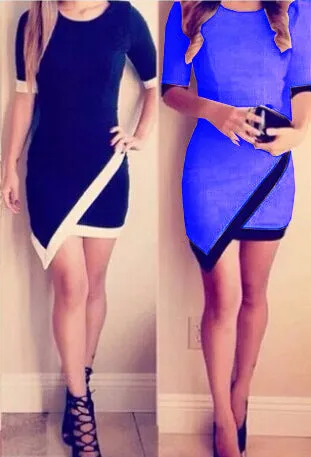 Asymmetric Patchwork Half Sleeve Bodycon Pencil Short Dress