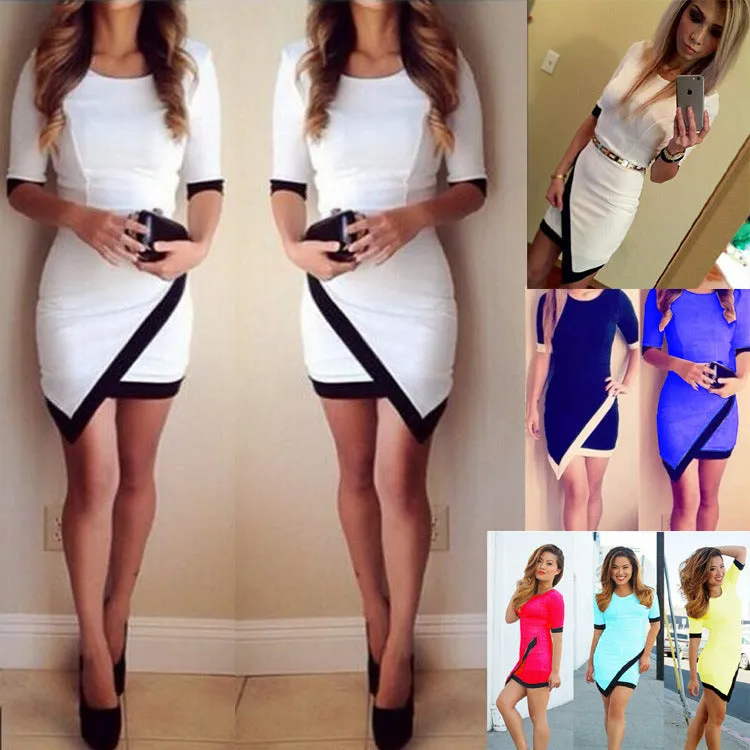 Asymmetric Patchwork Half Sleeve Bodycon Pencil Short Dress