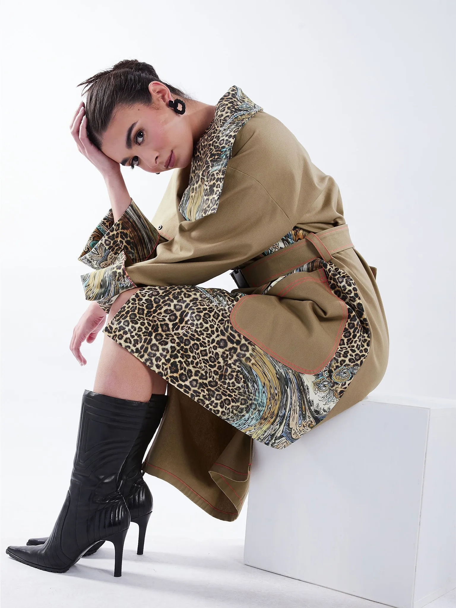 Asymmetric Trench Coat in Tan Duck and Leopard Paisley Print