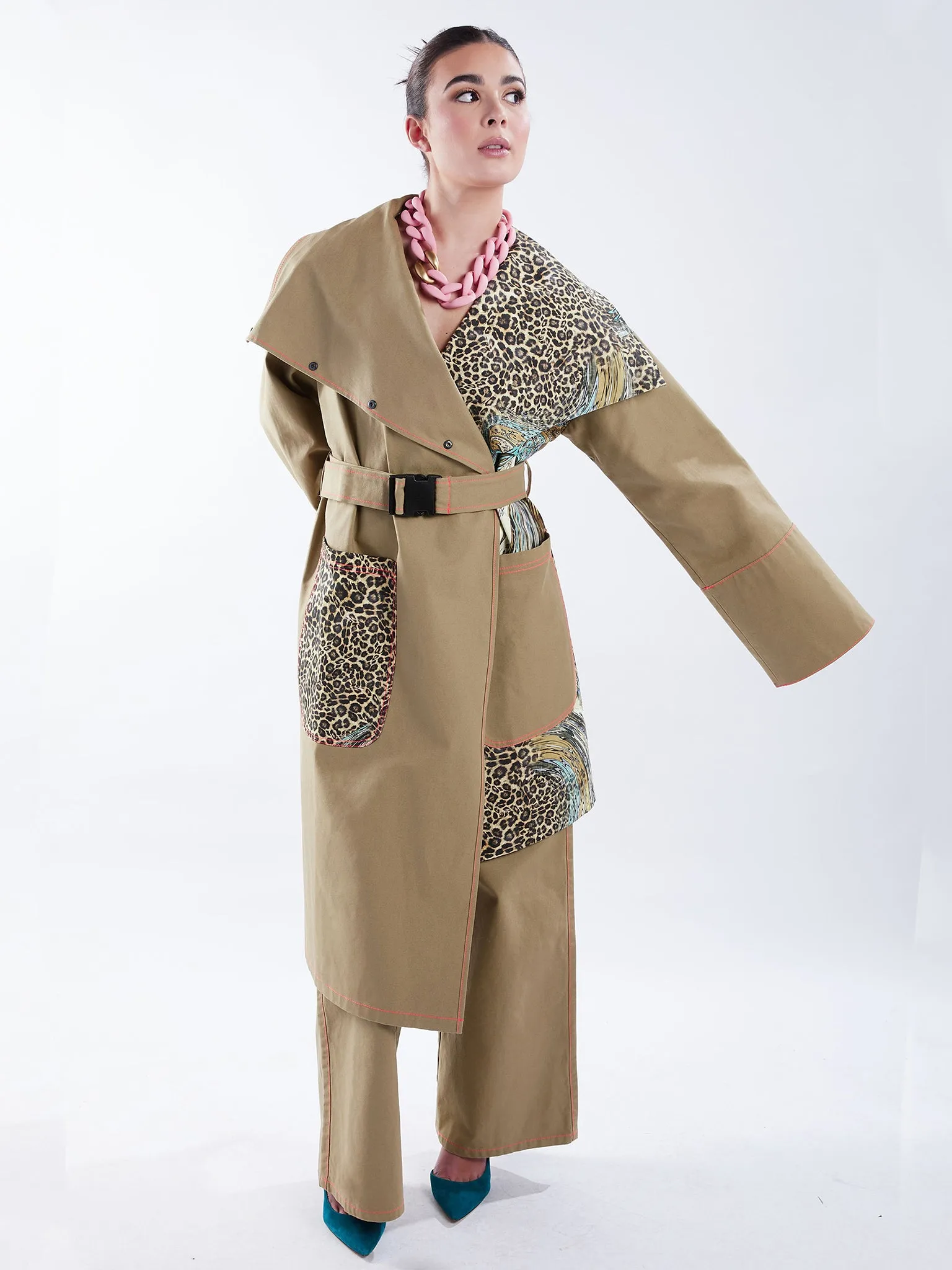 Asymmetric Trench Coat in Tan Duck and Leopard Paisley Print