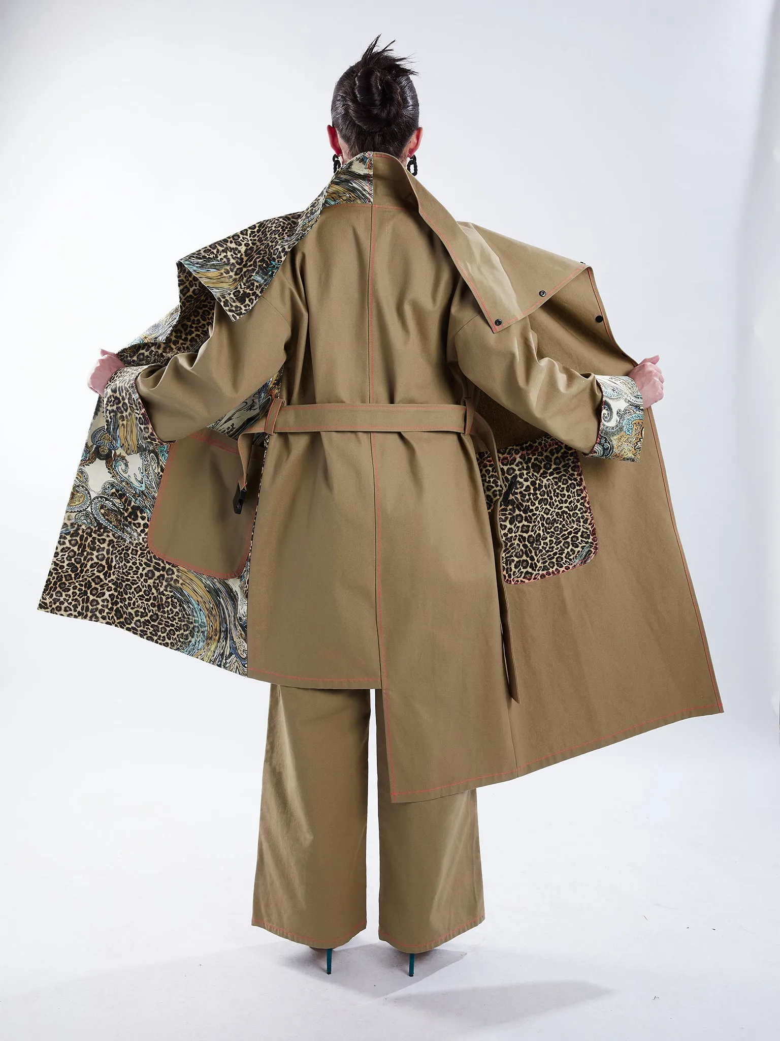 Asymmetric Trench Coat in Tan Duck and Leopard Paisley Print
