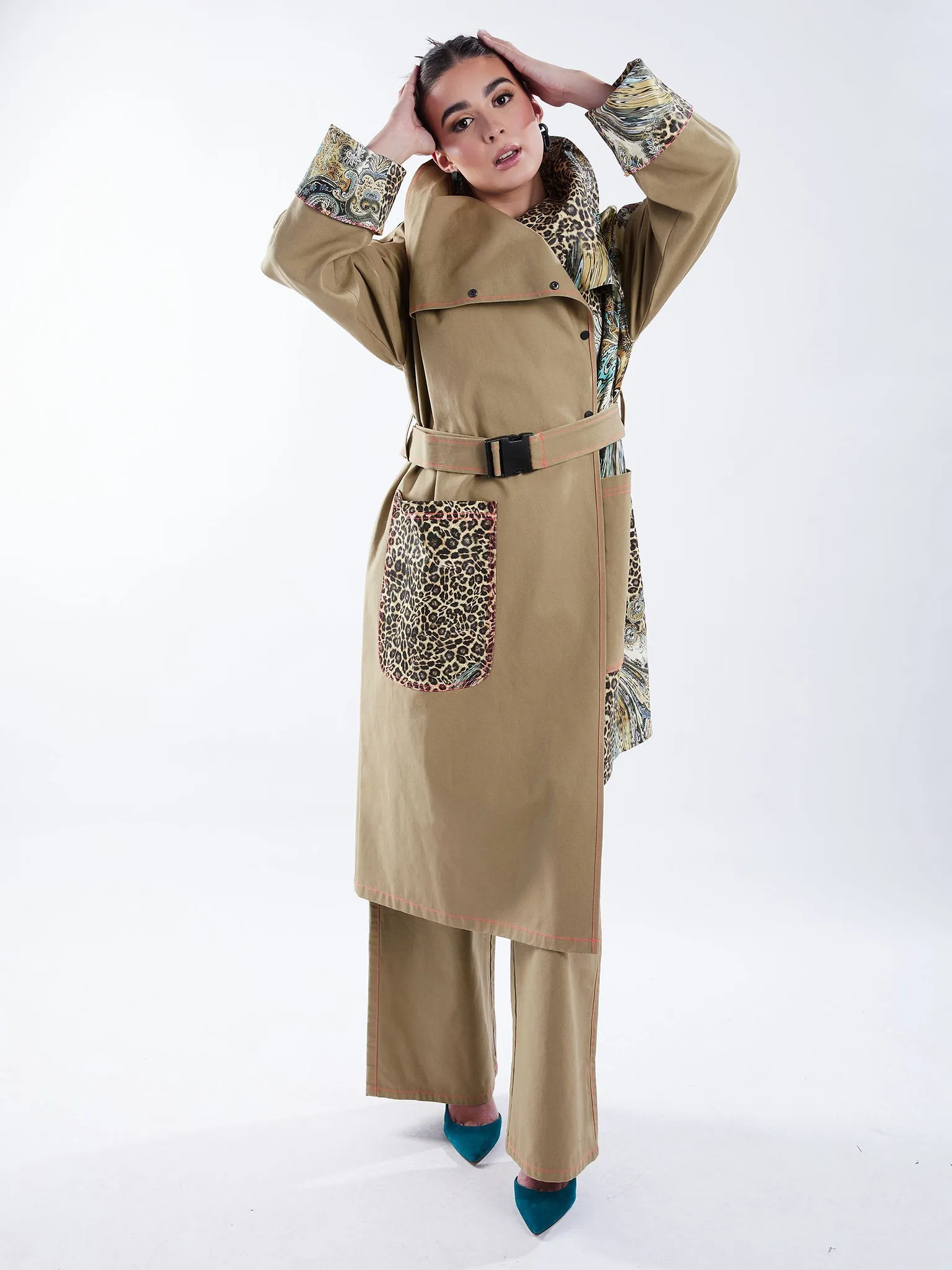 Asymmetric Trench Coat in Tan Duck and Leopard Paisley Print
