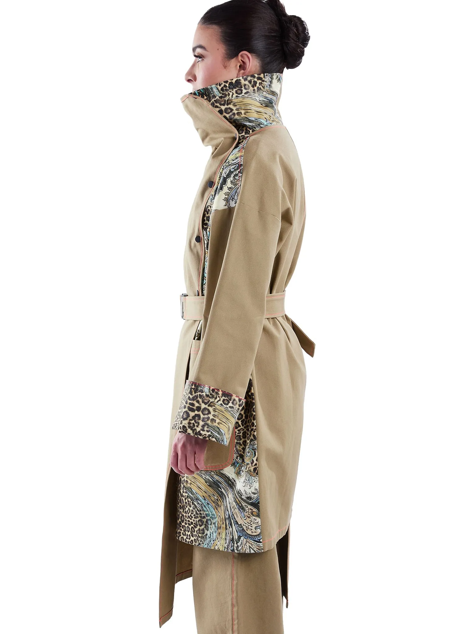 Asymmetric Trench Coat in Tan Duck and Leopard Paisley Print