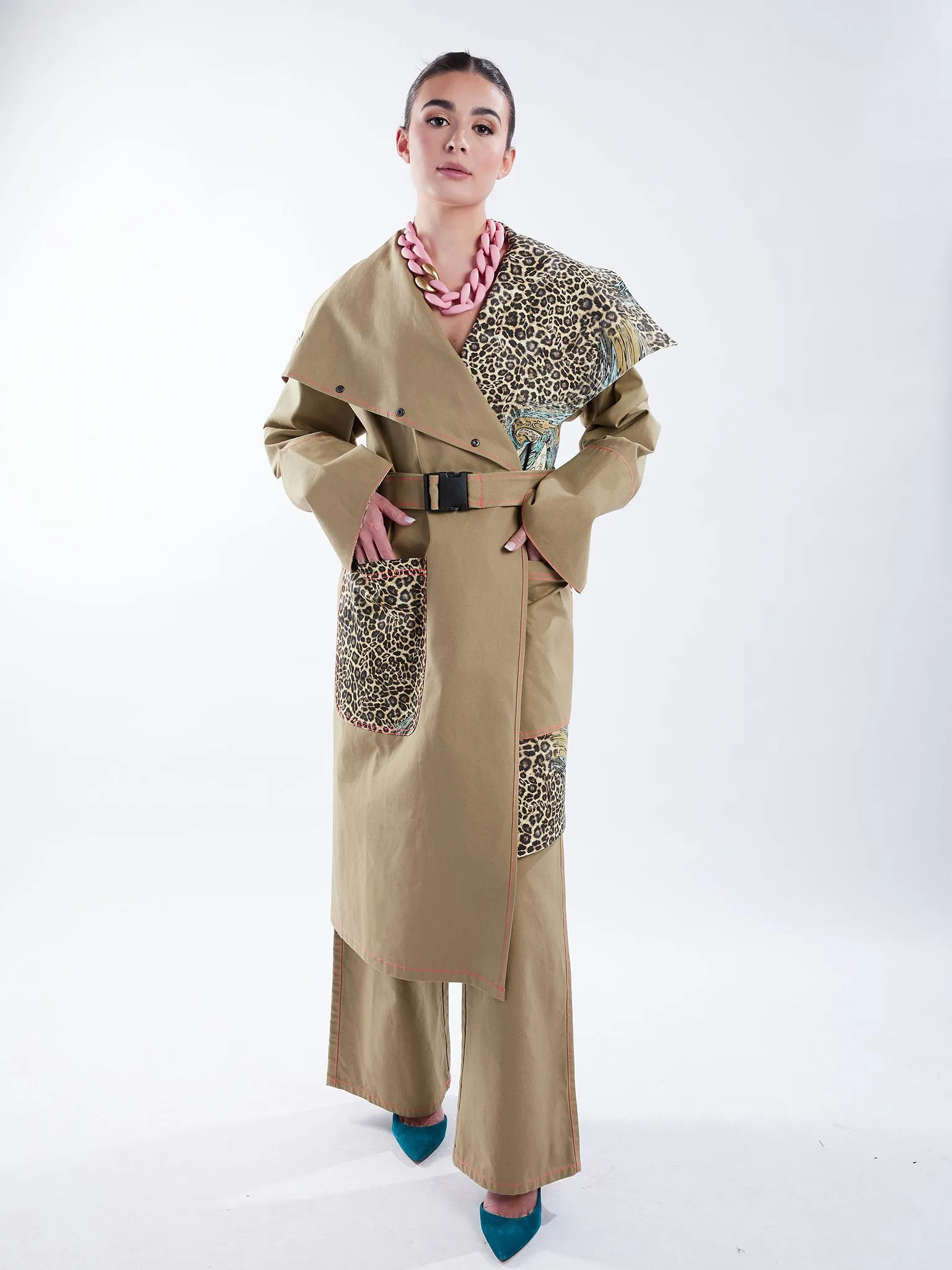 Asymmetric Trench Coat in Tan Duck and Leopard Paisley Print