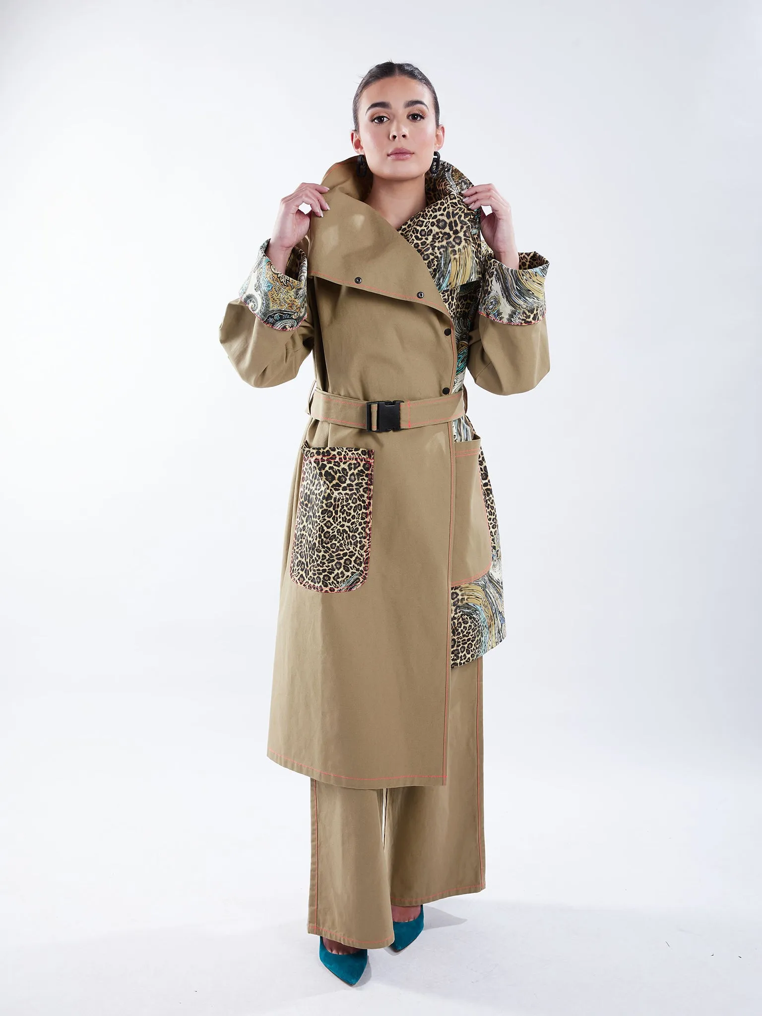 Asymmetric Trench Coat in Tan Duck and Leopard Paisley Print