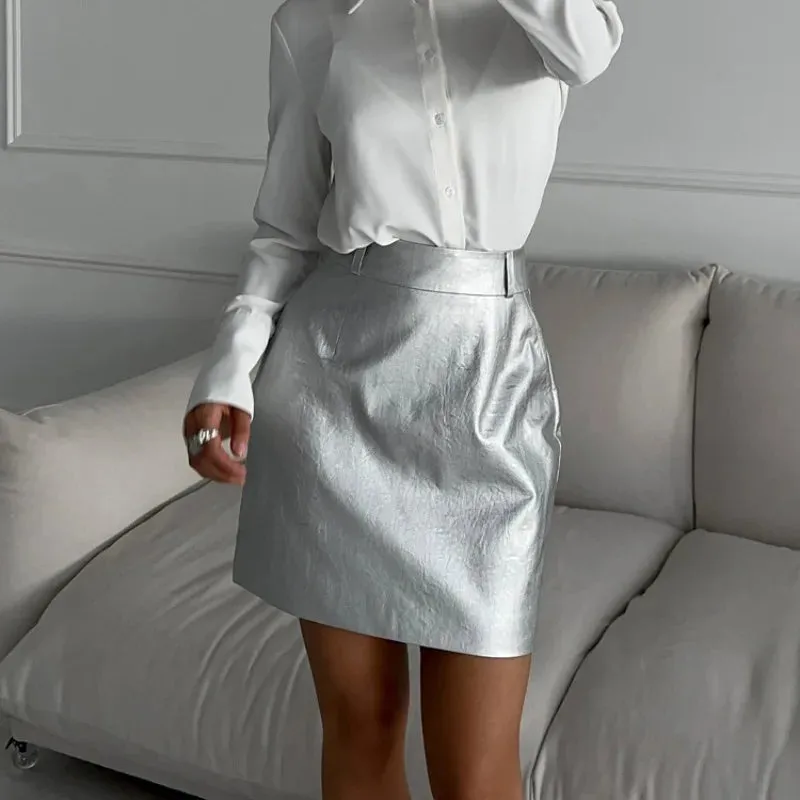 Basic Temperament Silver Sheath Slim Fashion Bodycon High Waist Elegant Skirt