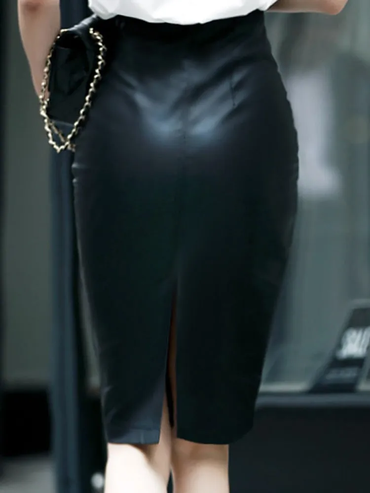 Black PU Leather Skirt Women Midi Sexy High Waist Bodycon Split Skirt Office Pencil Skirt Knee Length