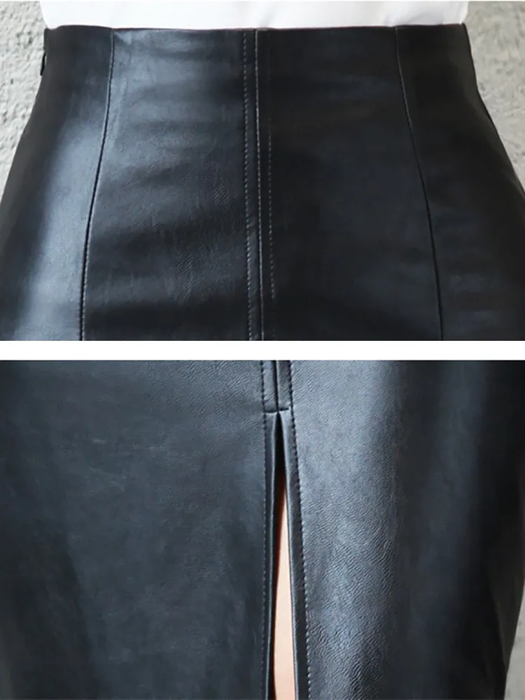 Black PU Leather Skirt Women Midi Sexy High Waist Bodycon Split Skirt Office Pencil Skirt Knee Length