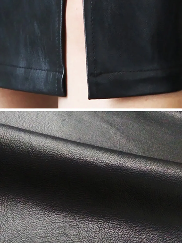 Black PU Leather Skirt Women Midi Sexy High Waist Bodycon Split Skirt Office Pencil Skirt Knee Length