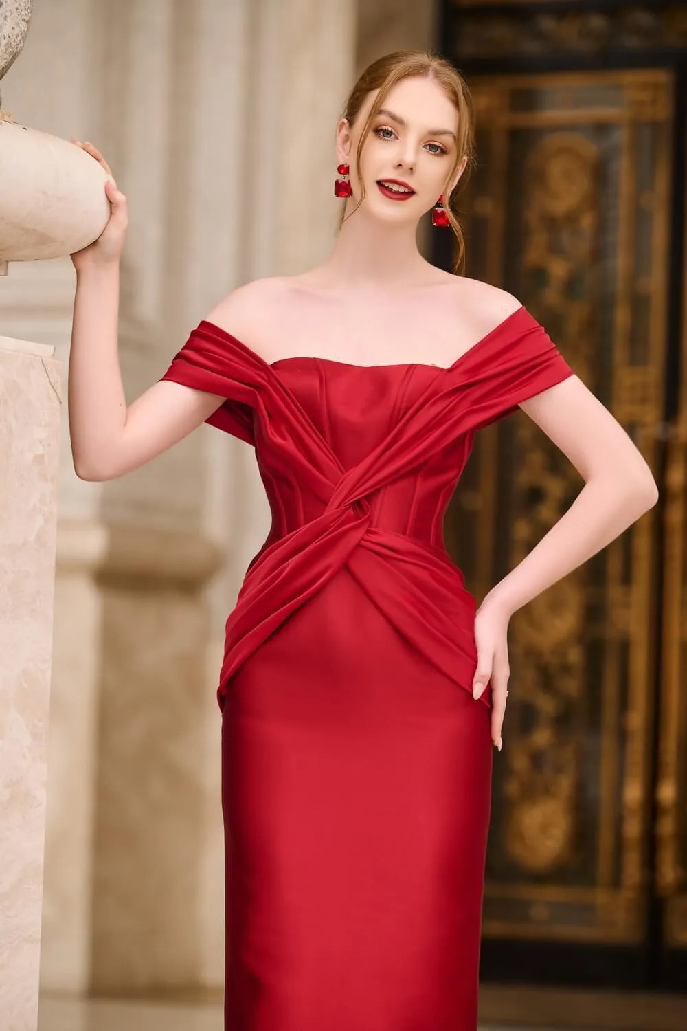 Corey Pencil Off-Shoulder Taffeta Midi Dress