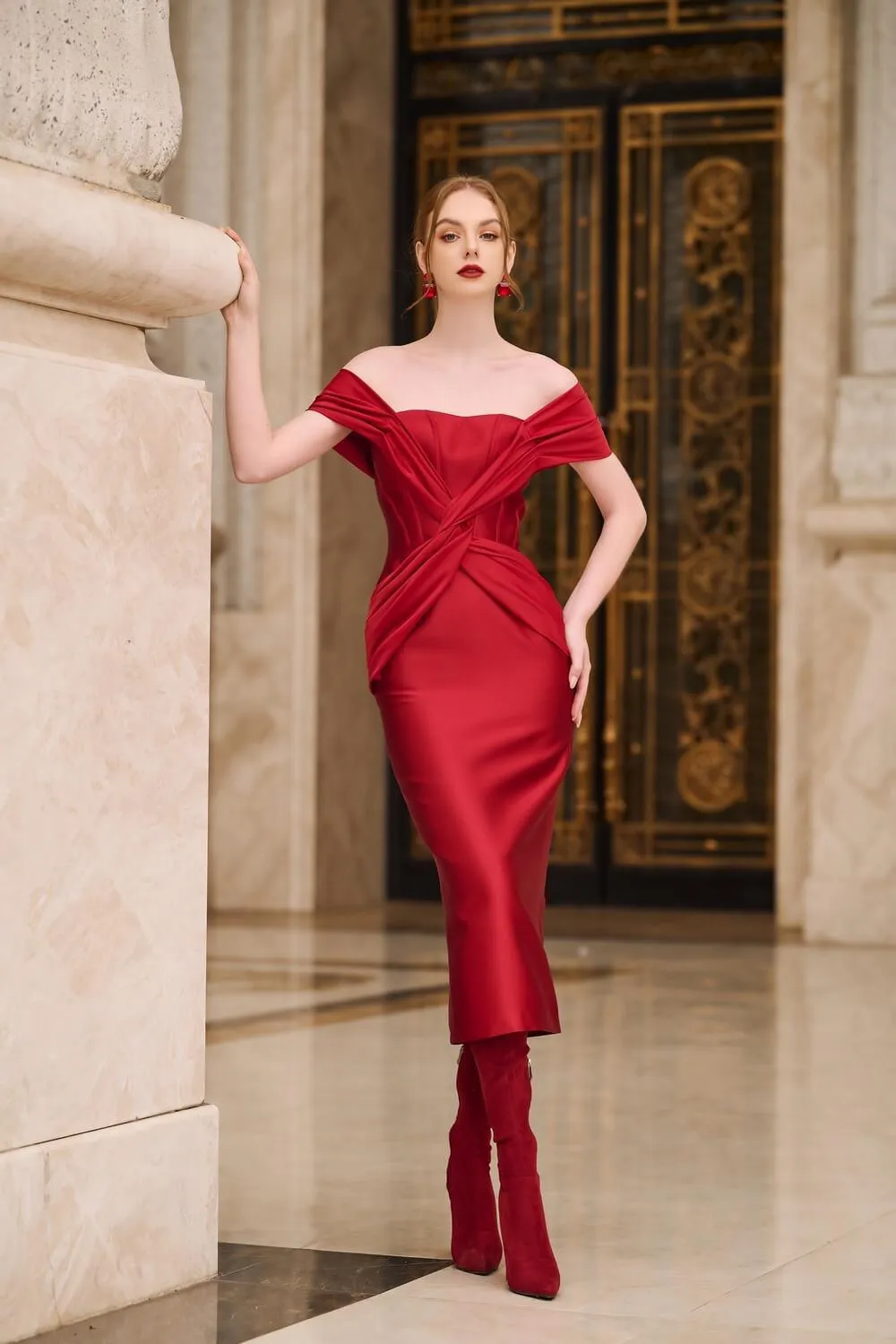 Corey Pencil Off-Shoulder Taffeta Midi Dress
