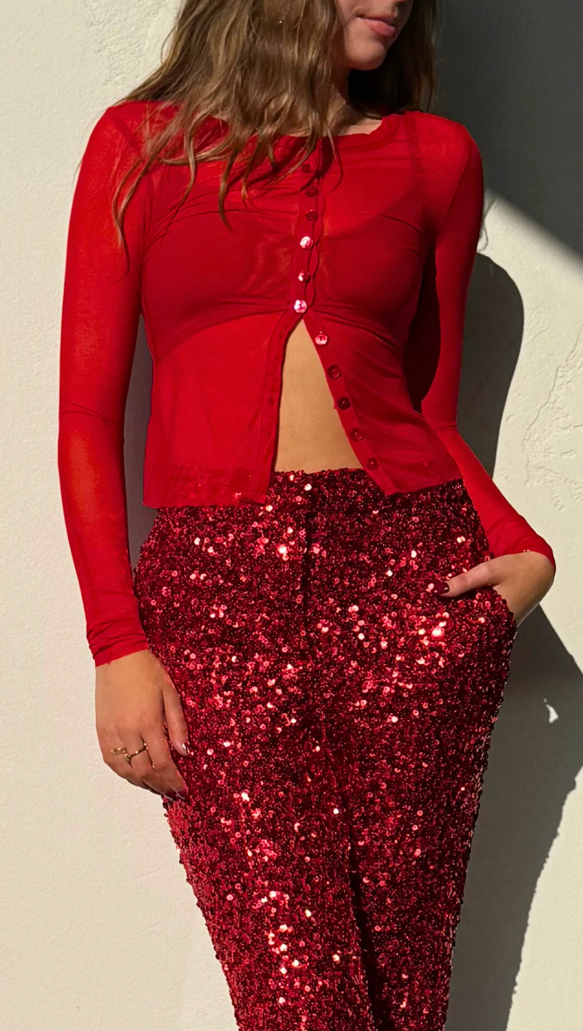 Devon Mesh Button Up Top - Red