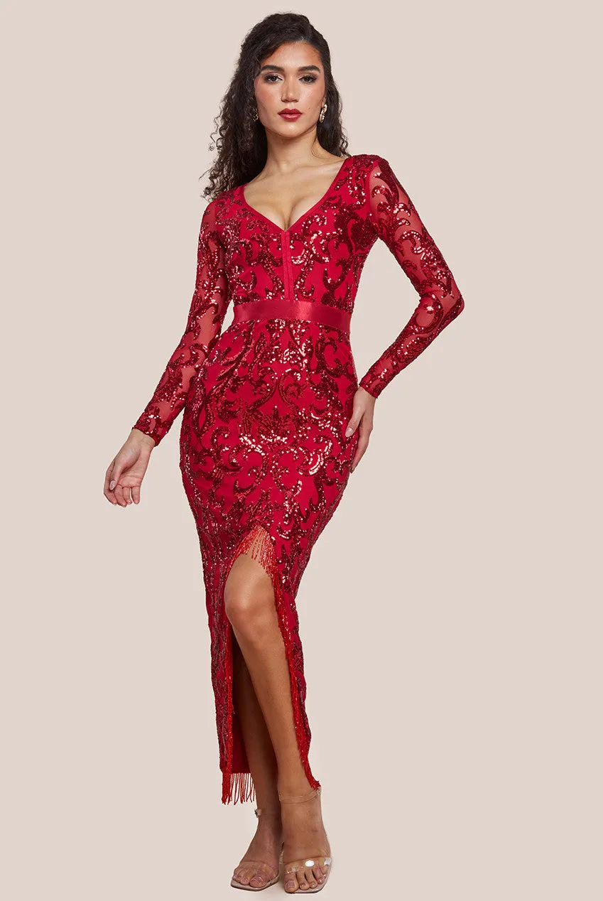 Goddiva Tassel & Sequin Maxi With Front Split