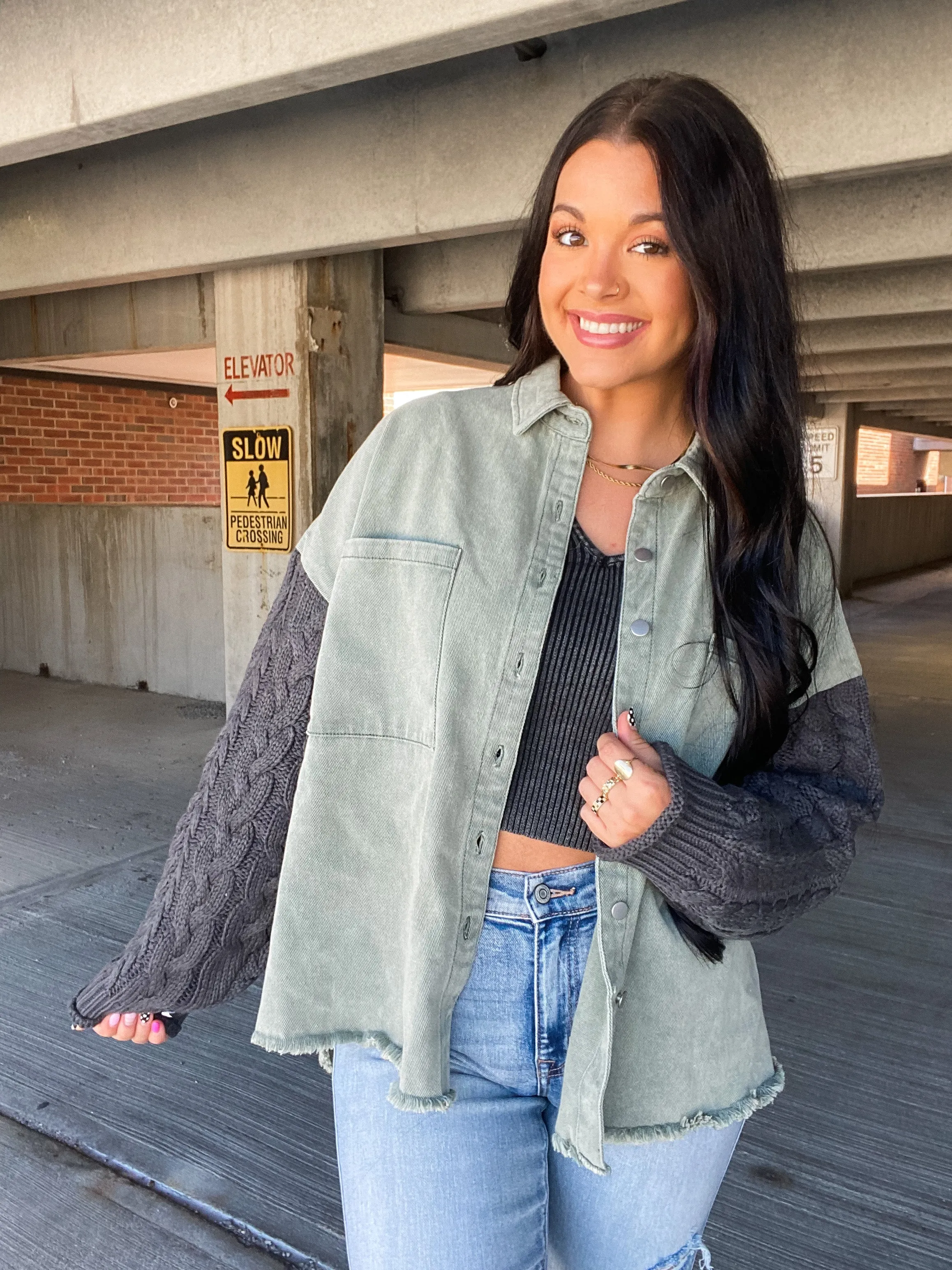 HARD TO LOVE SHACKET-OLIVE & CHARCOAL