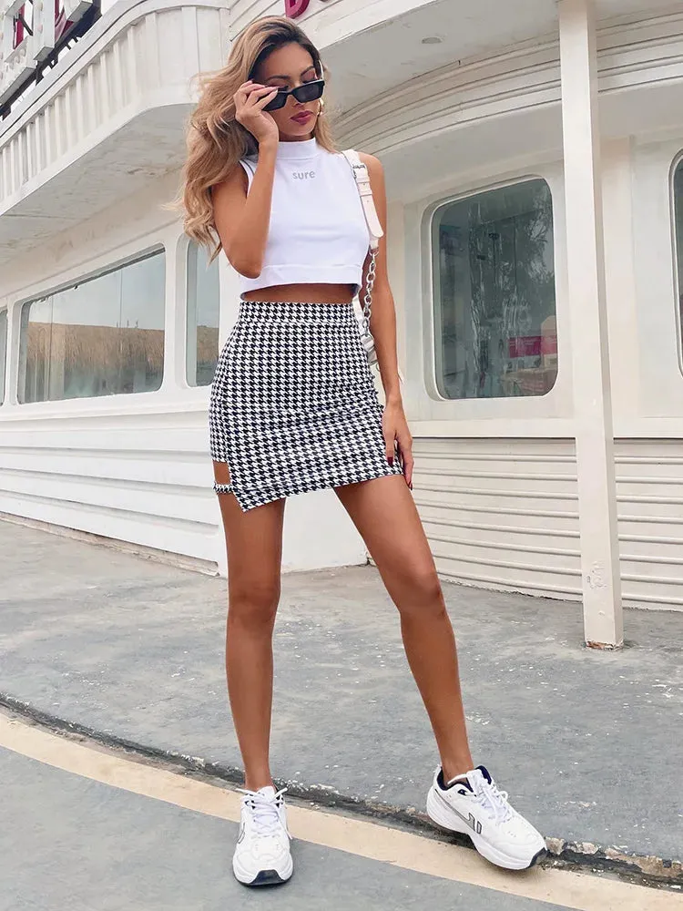 Houndstooth Cut Out Bodycon Mini Skirt in Black and White