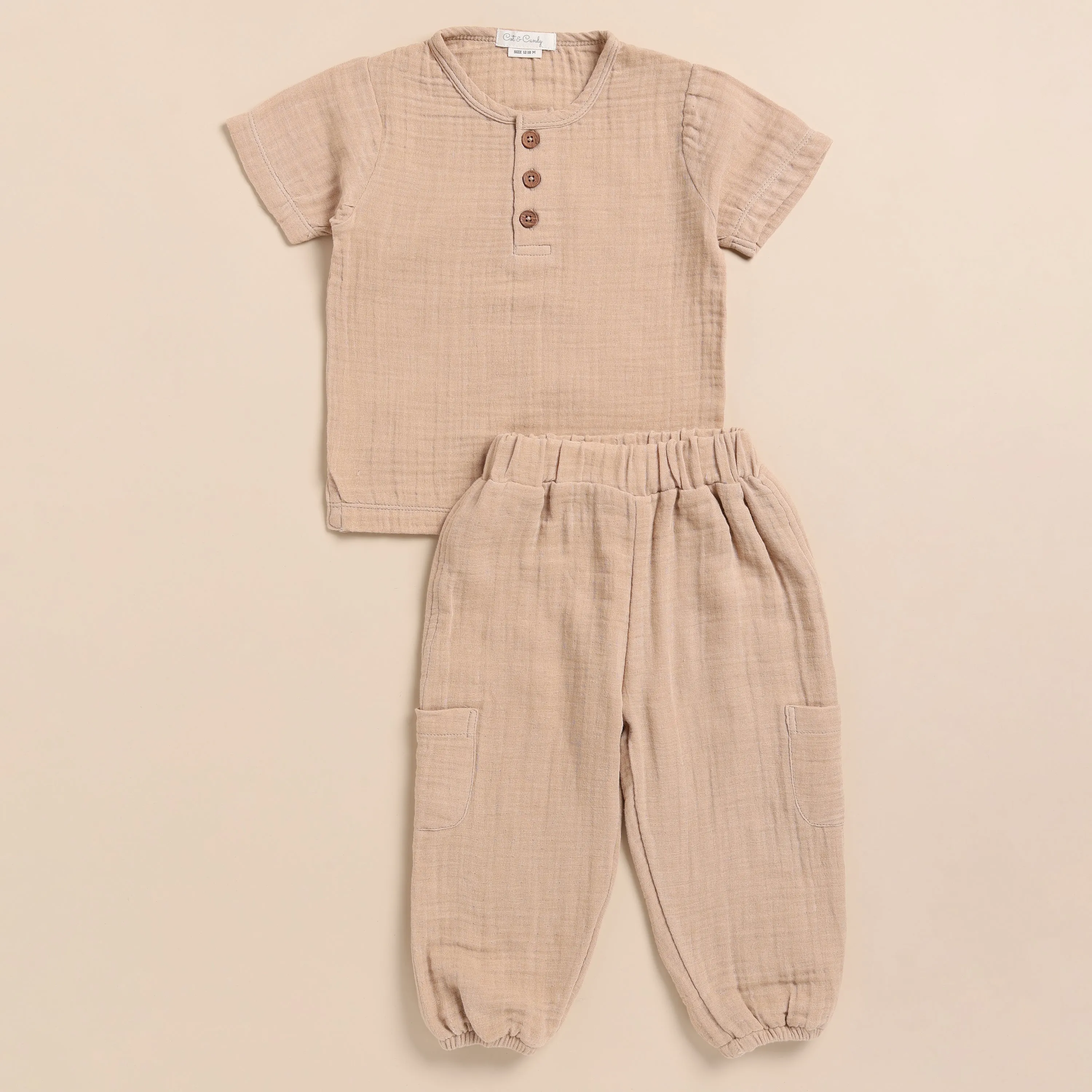 Latte Organic Muslin Short Sleeve Henley Tshirt With Lounge Pant Set