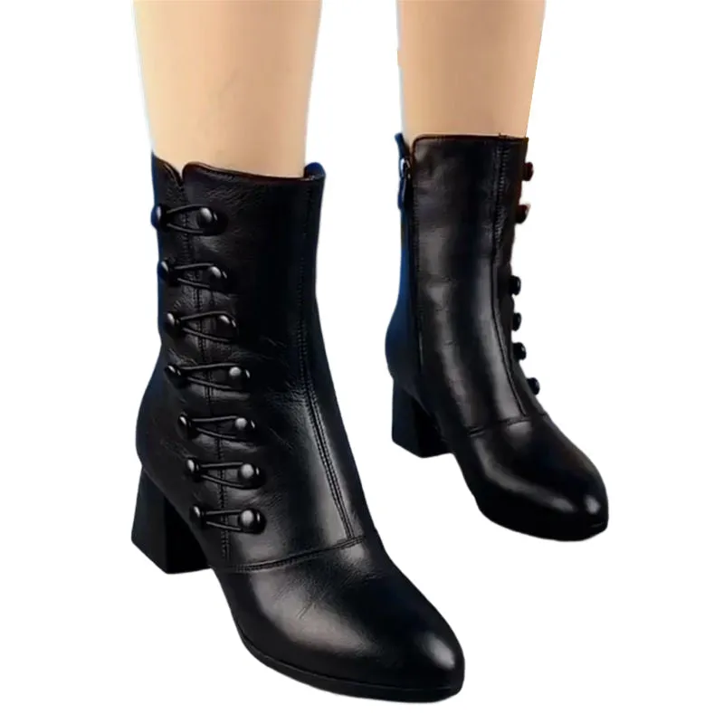 Leather ankle boots with side buttons for women