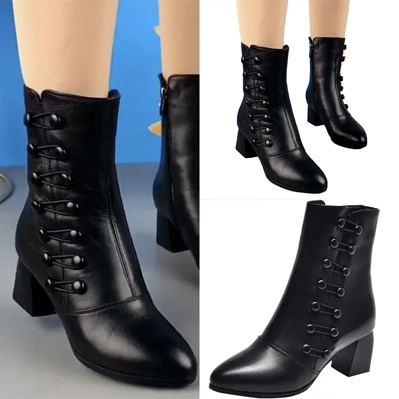Leather ankle boots with side buttons for women