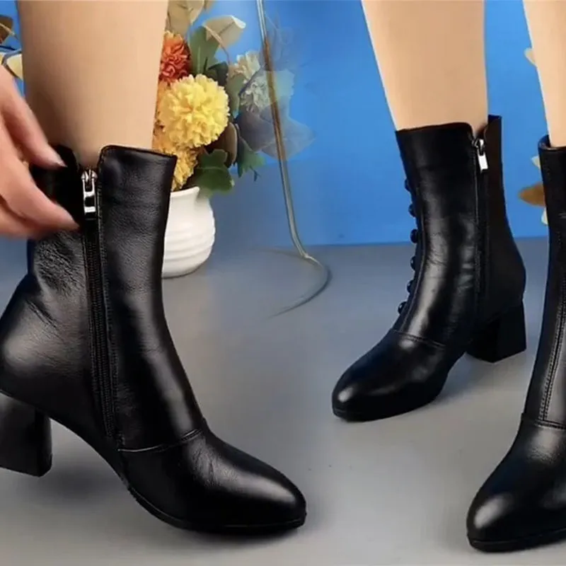 Leather ankle boots with side buttons for women