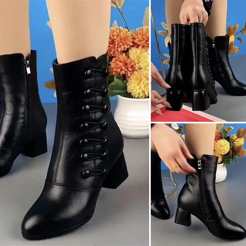 Leather ankle boots with side buttons for women