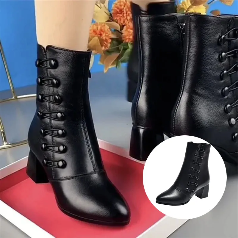 Leather ankle boots with side buttons for women