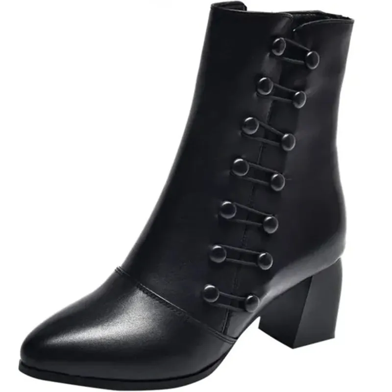 Leather ankle boots with side buttons for women