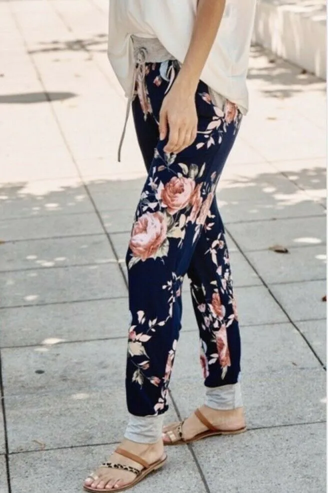 Navy Floral Print Casual Jogger Sweatpants Lounge Pants Womens