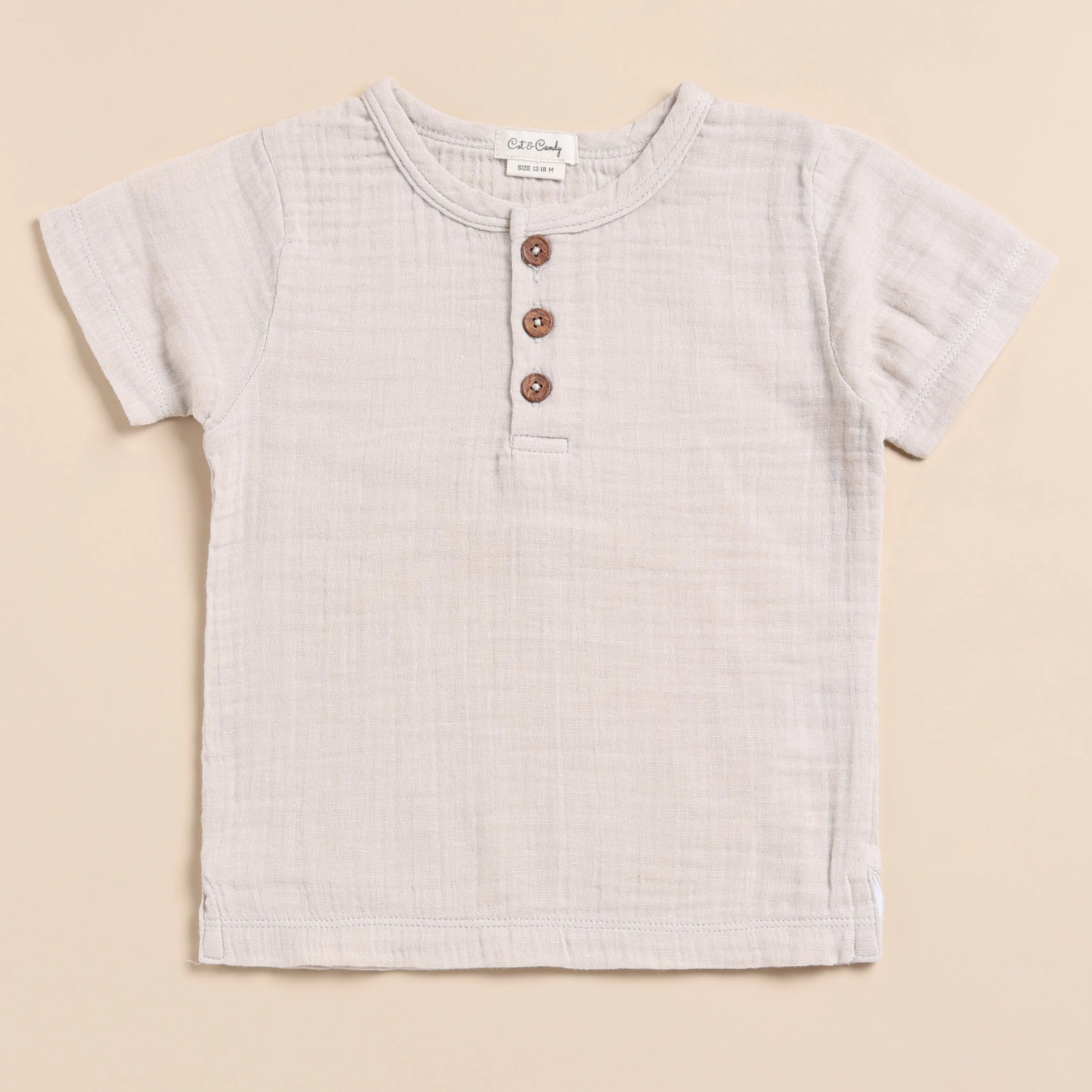 Oatmeal Organic Muslin Short Sleeve Henley Tshirt With Lounge Pant Set