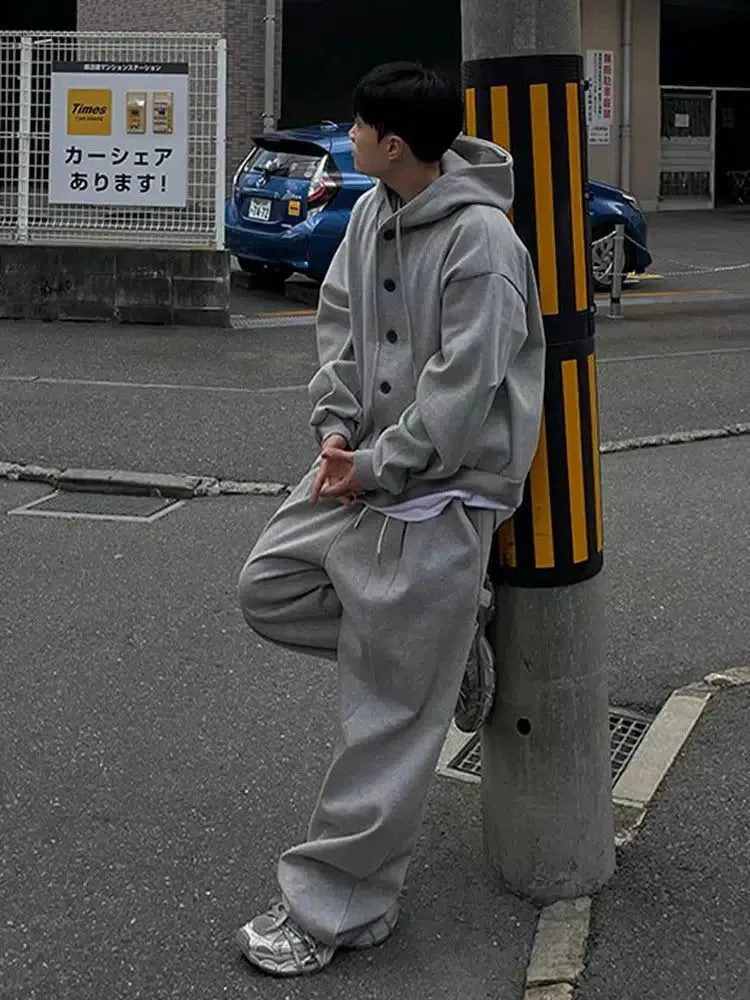 OH Buttoned Hoodie and Pocket Details Sweatpants Set