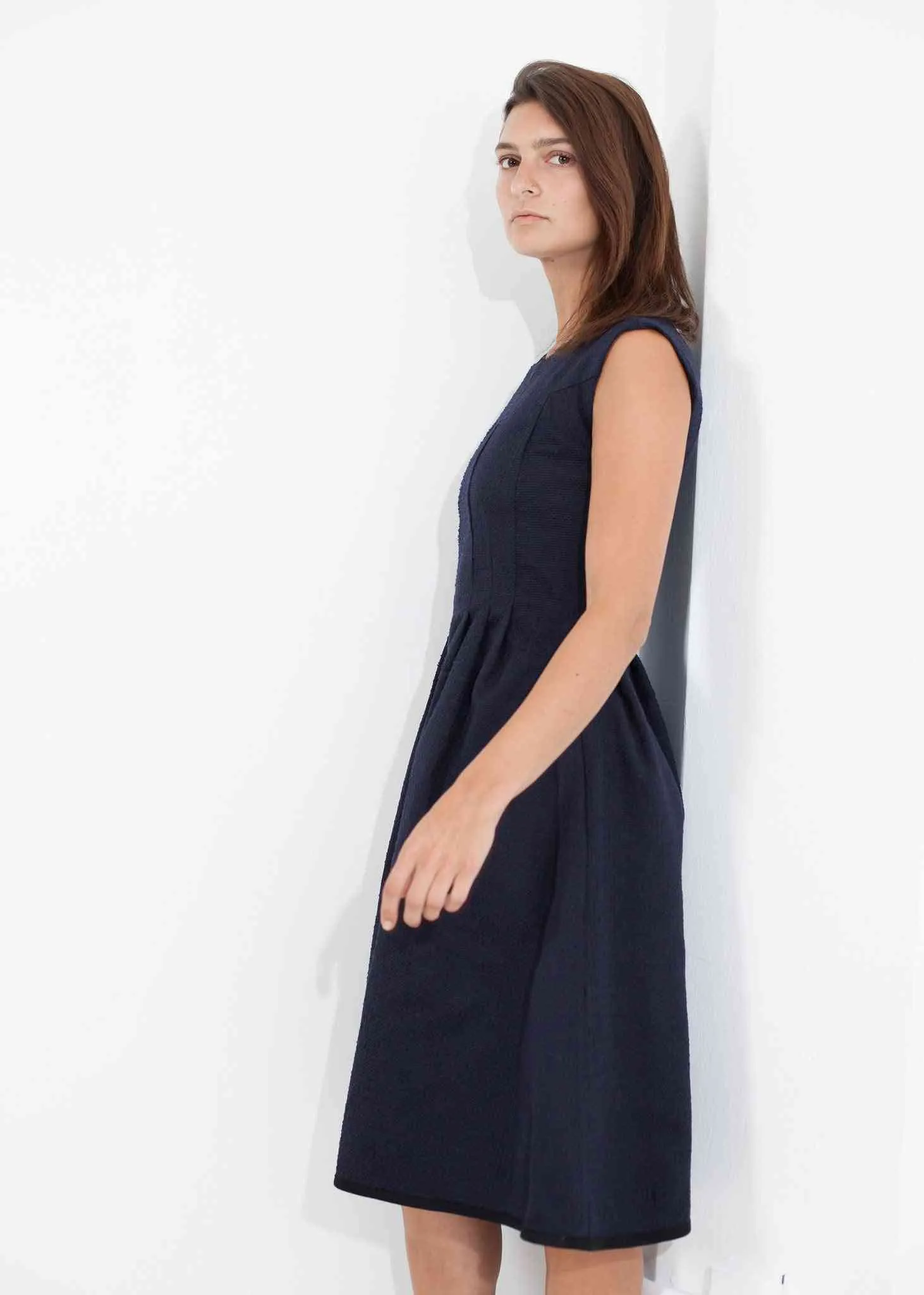 Pleated Rita Dress in Dark Navy