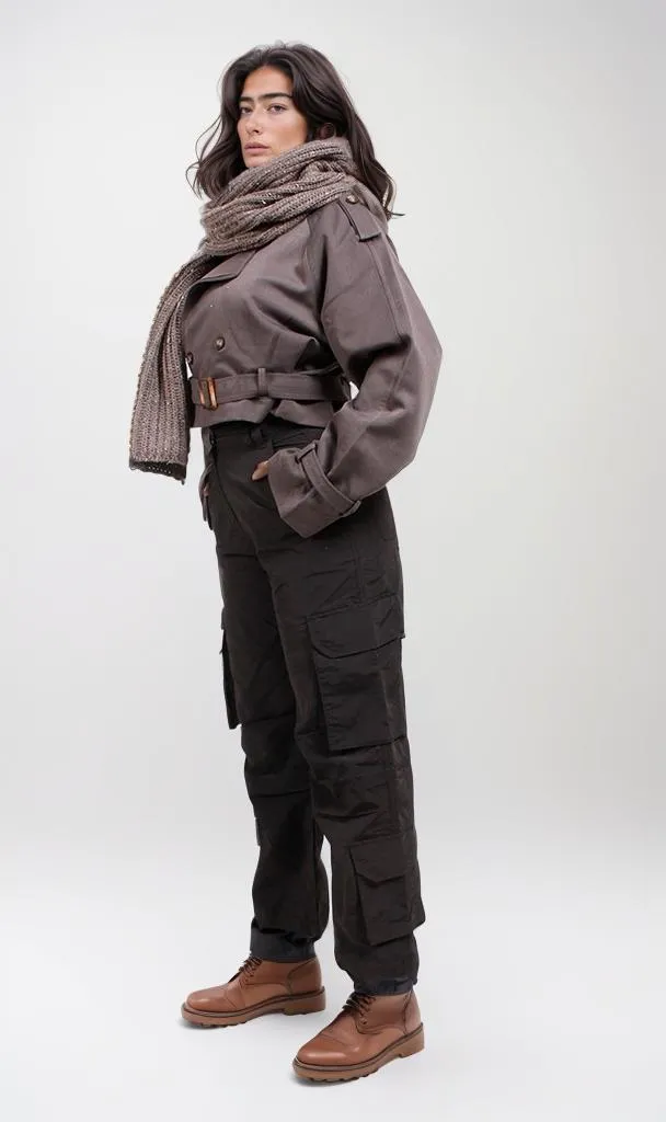 r206635-BELTED SHORT TRENCH COAT - GREY