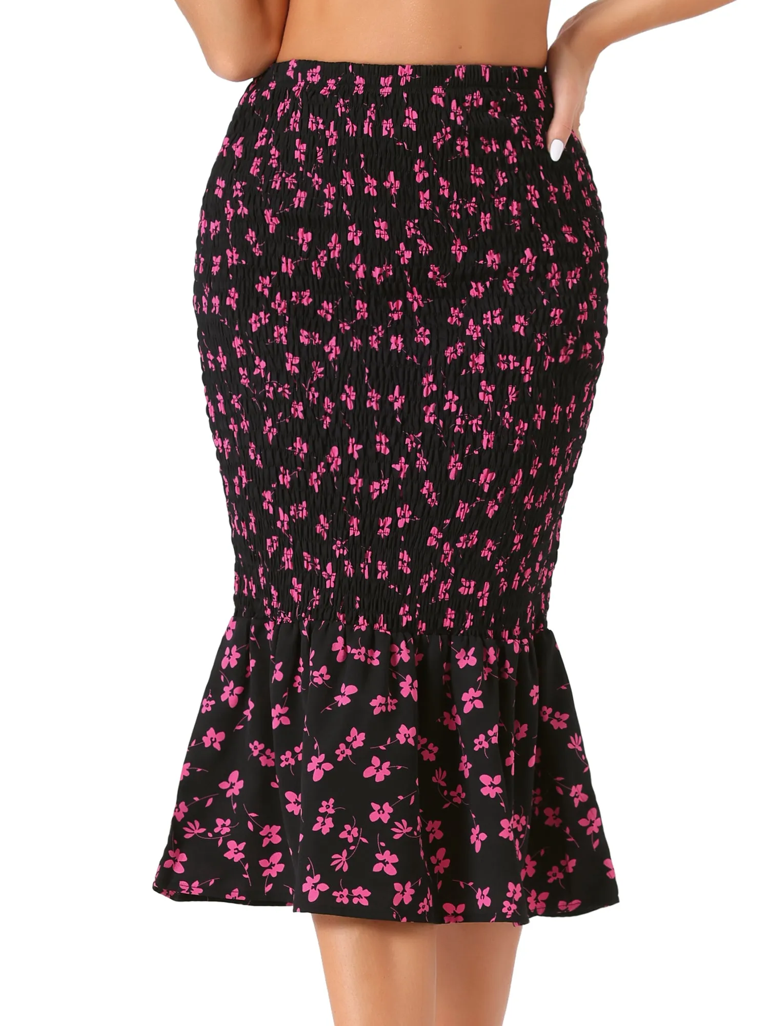 Smocked Bodycon Mermaid Pencil Floral Midi Skirt