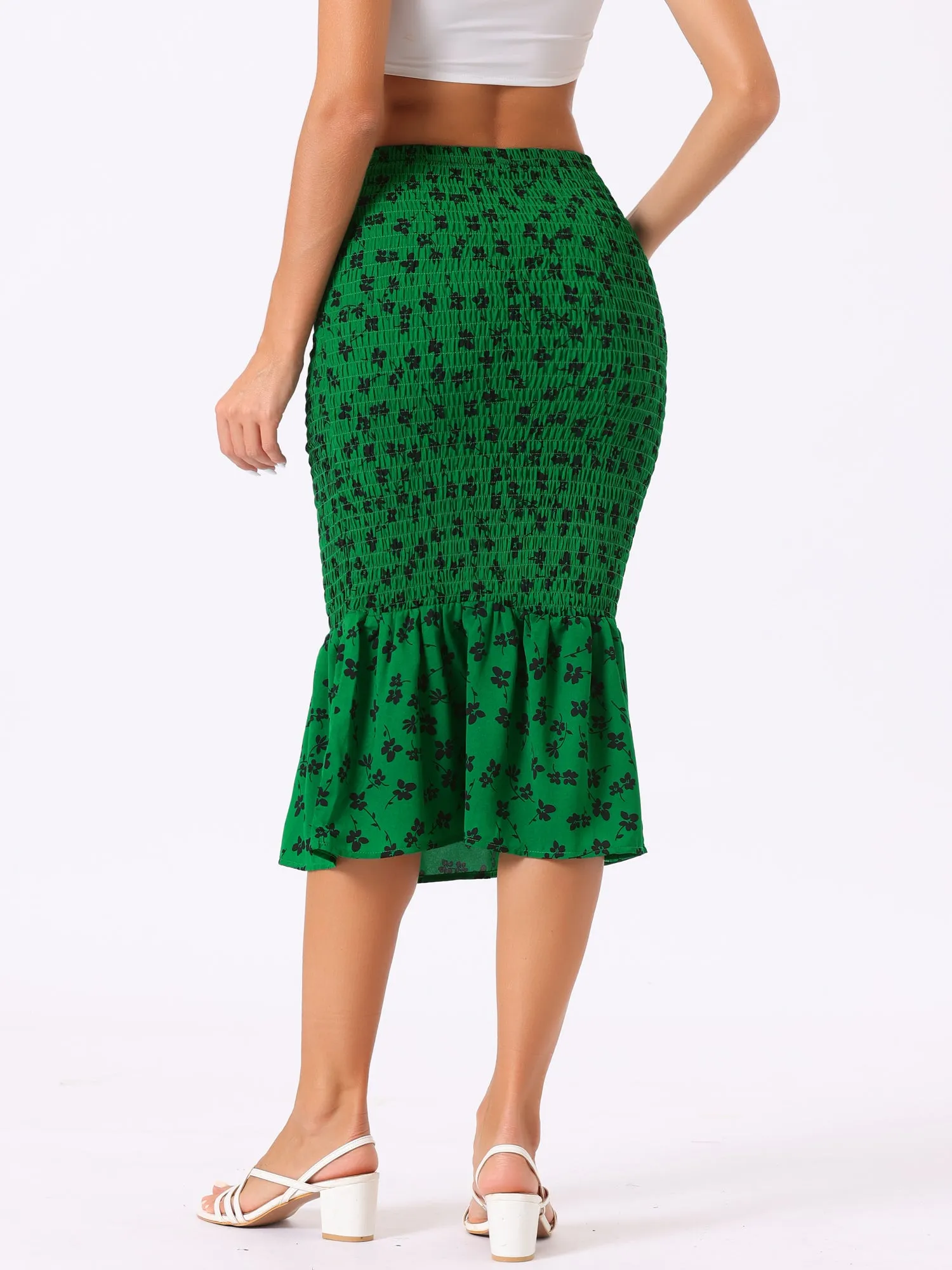Smocked Bodycon Mermaid Pencil Floral Midi Skirt