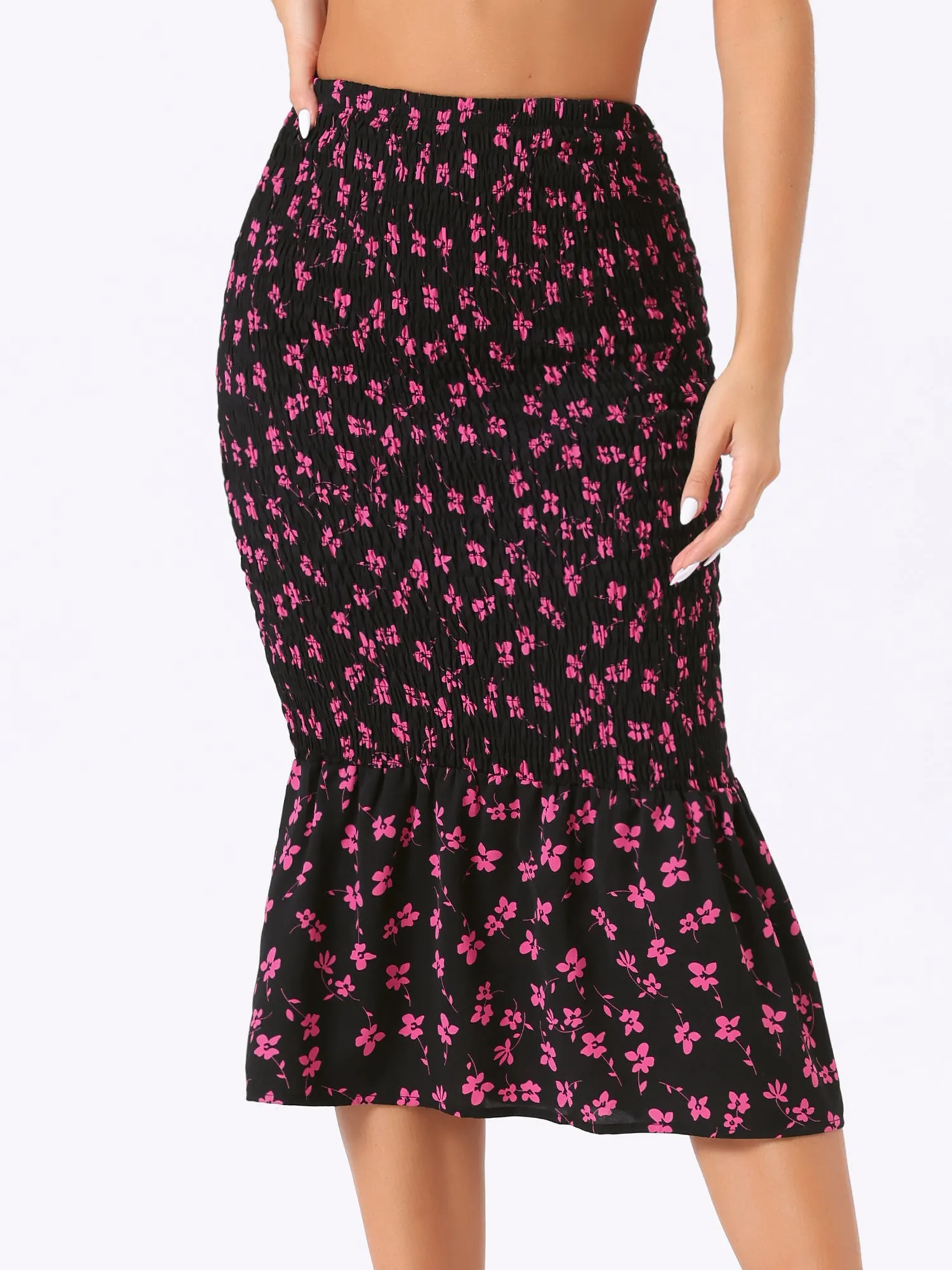 Smocked Bodycon Mermaid Pencil Floral Midi Skirt