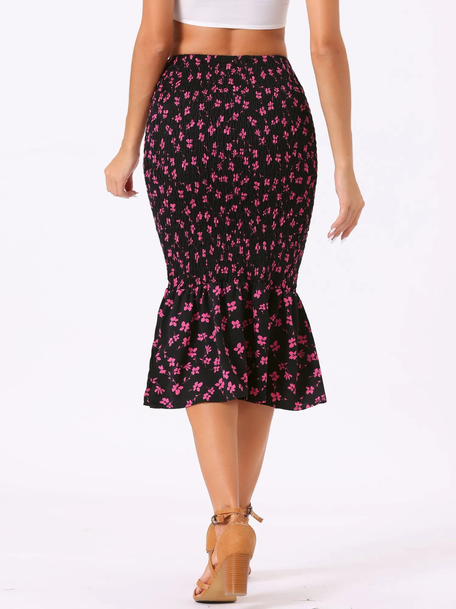 Smocked Bodycon Mermaid Pencil Floral Midi Skirt