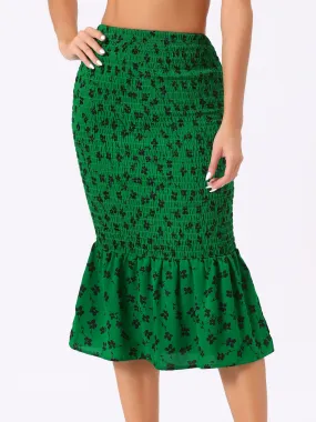 Smocked Bodycon Mermaid Pencil Floral Midi Skirt