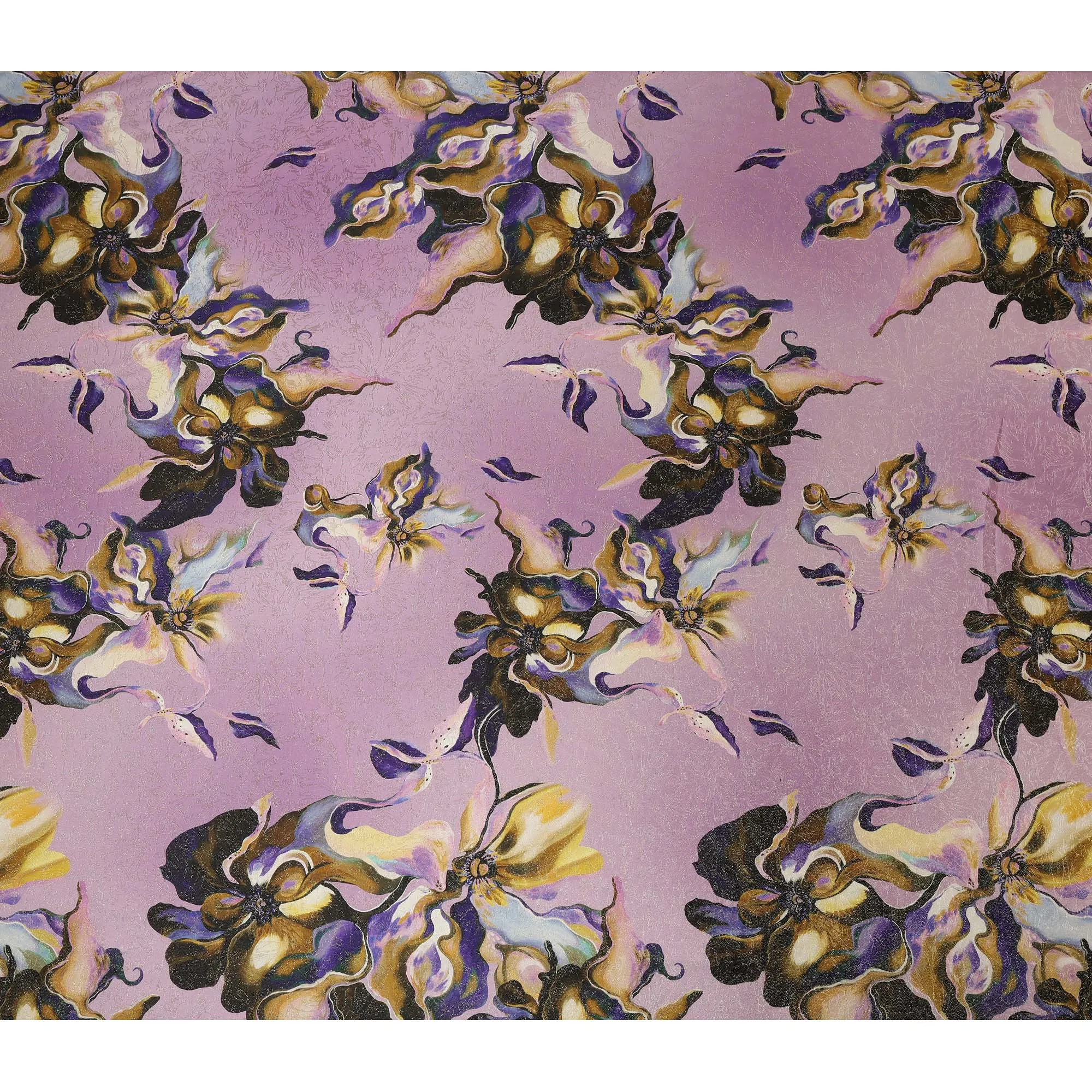South Korean Silk Satin Fabric with Abstract Floral Design and Metallic Accents on Lilac Background – 150 cm Width-D20334