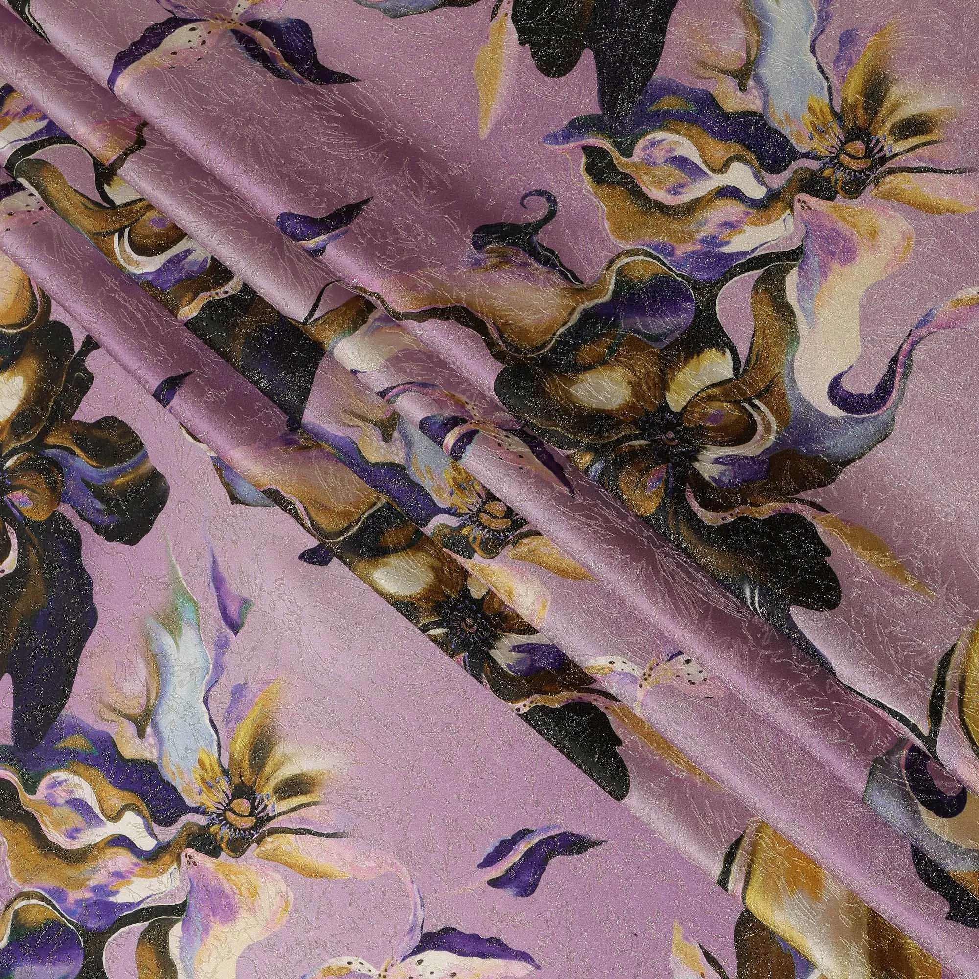 South Korean Silk Satin Fabric with Abstract Floral Design and Metallic Accents on Lilac Background – 150 cm Width-D20334
