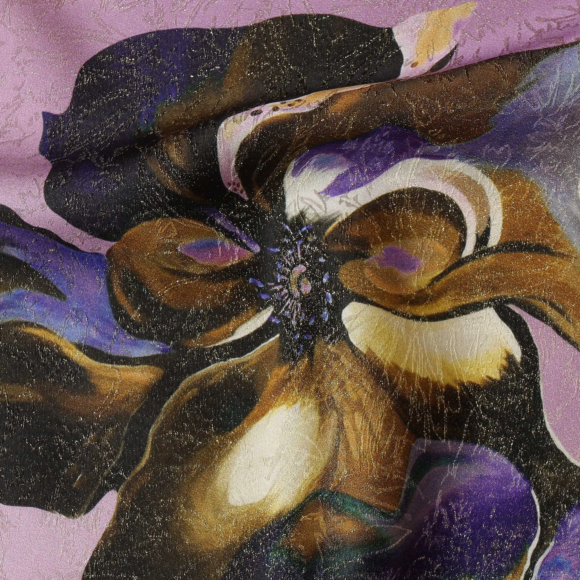 South Korean Silk Satin Fabric with Abstract Floral Design and Metallic Accents on Lilac Background – 150 cm Width-D20334