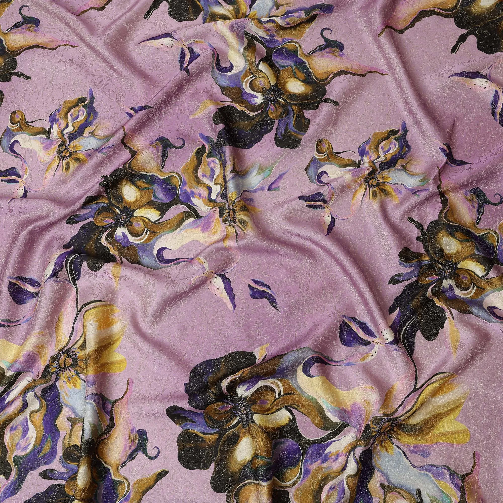 South Korean Silk Satin Fabric with Abstract Floral Design and Metallic Accents on Lilac Background – 150 cm Width-D20334