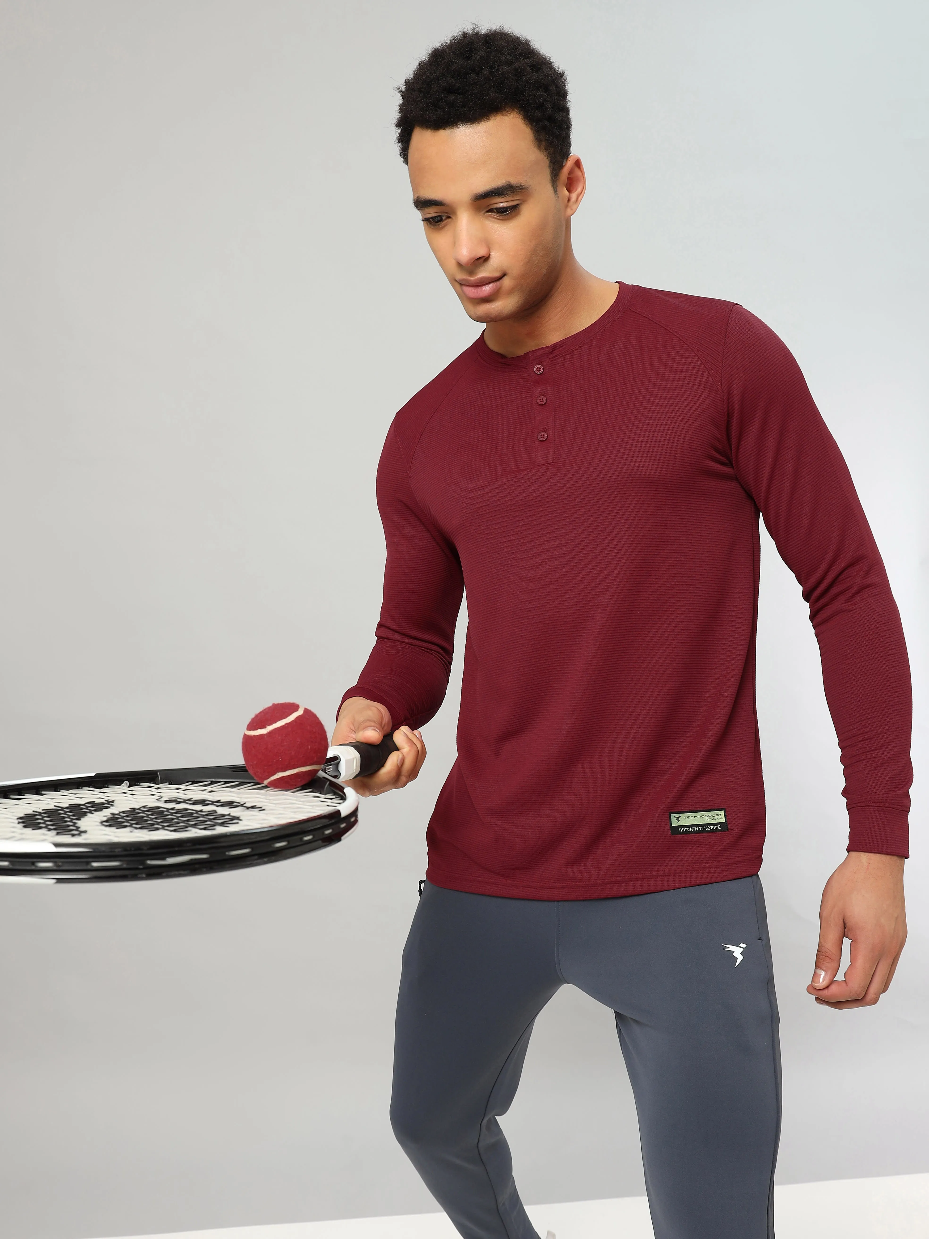 Technosport Men's Henley Neck Full Sleeve Solid Textured T-Shirt