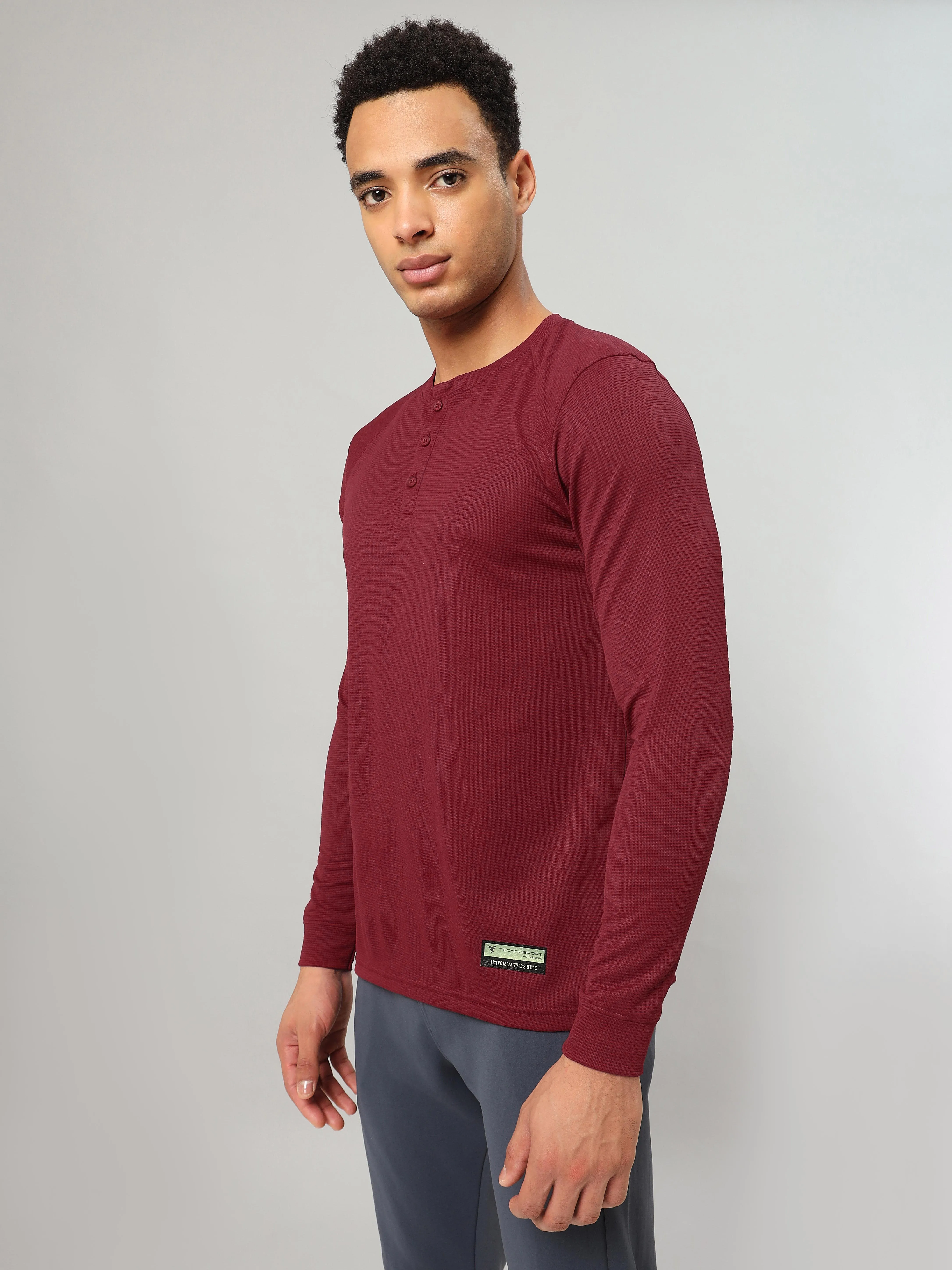 Technosport Men's Henley Neck Full Sleeve Solid Textured T-Shirt