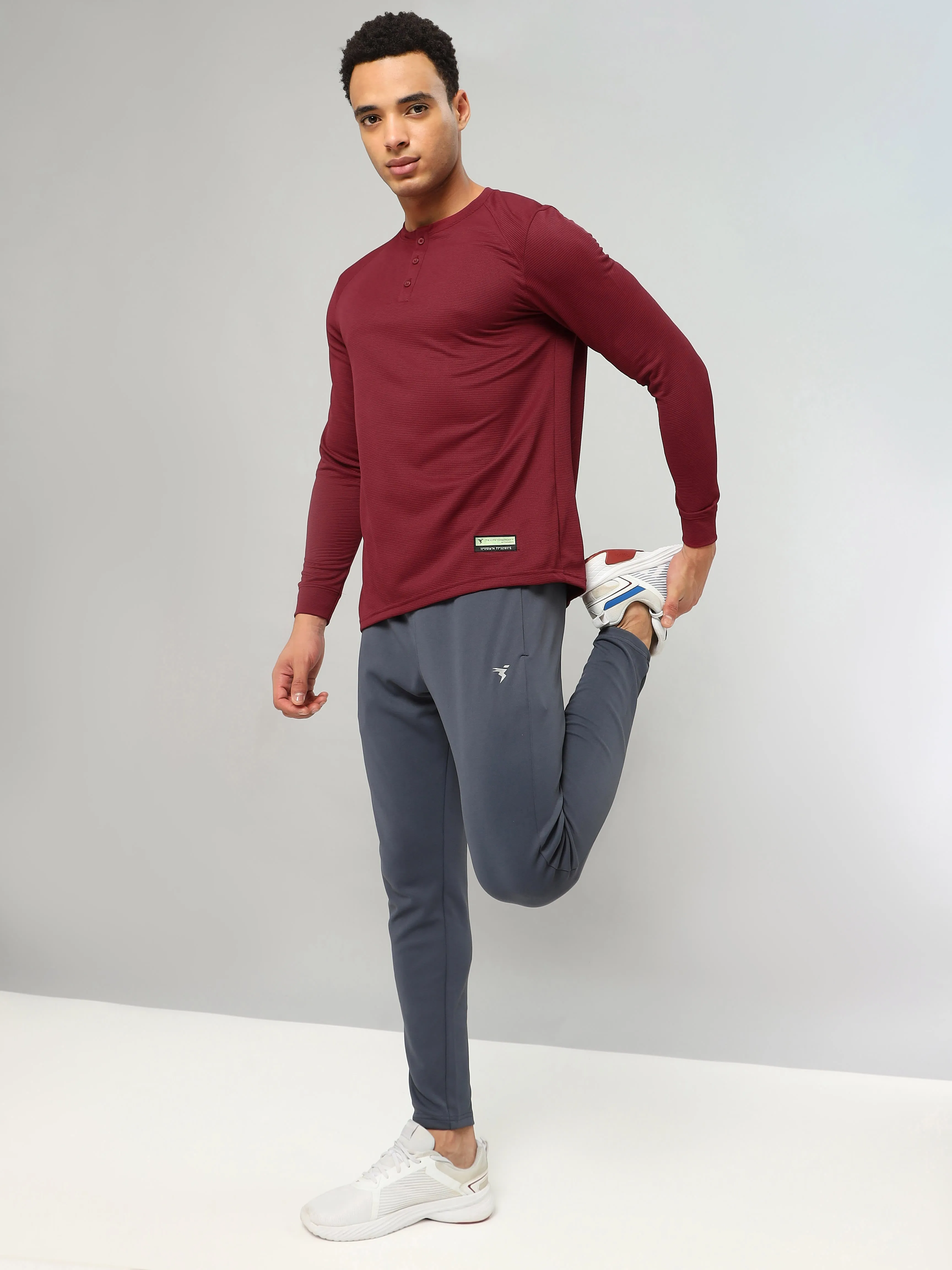 Technosport Men's Henley Neck Full Sleeve Solid Textured T-Shirt