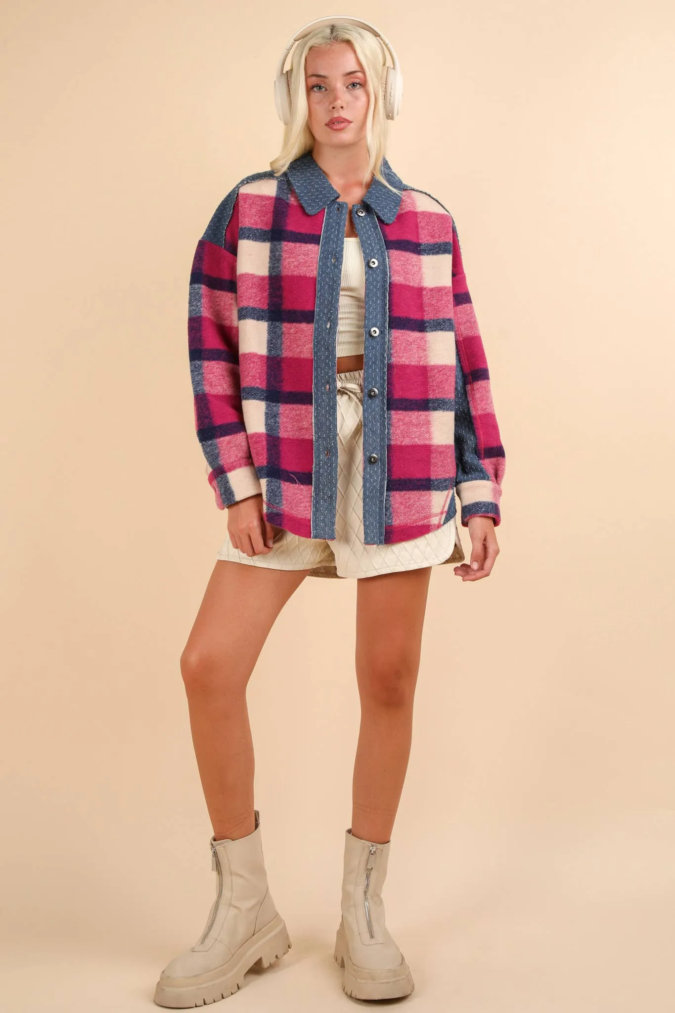 Textured Denim Contrast Plaid Shacket