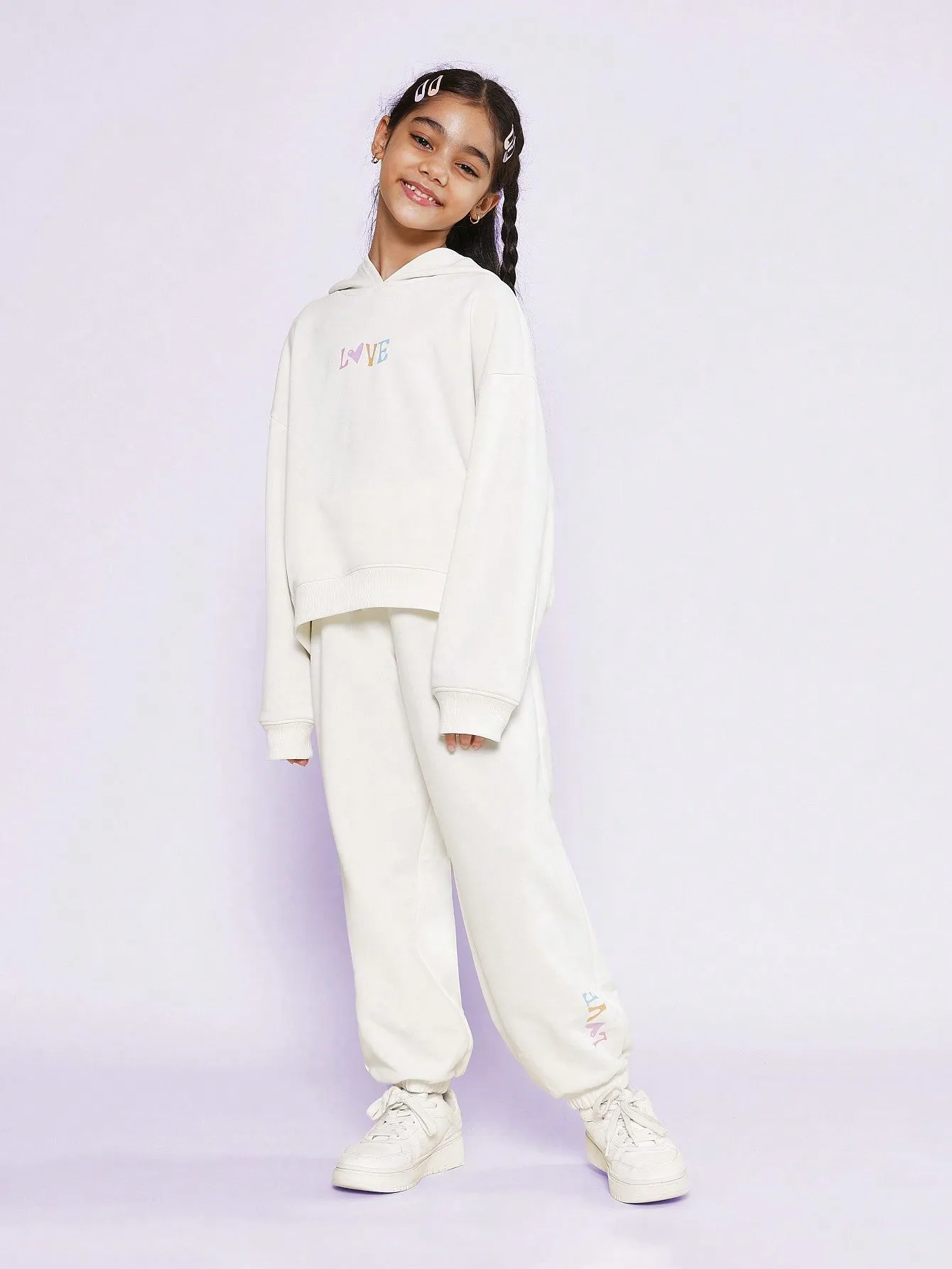 Tween Girls Overhead Cream Hoodie And Jogger With Fun Graphic Print 2 Piece Set