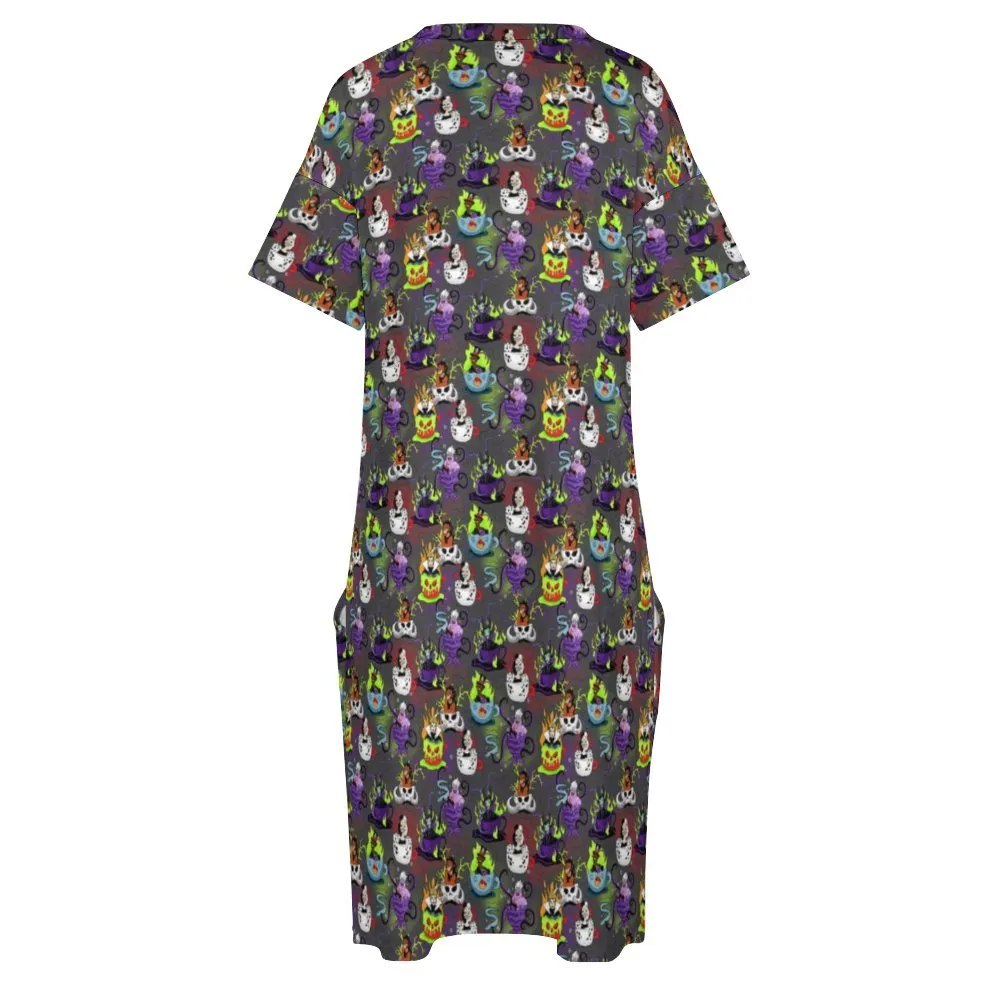 Villain Tea Cups Women's V-neck Loose Dress With Pockets