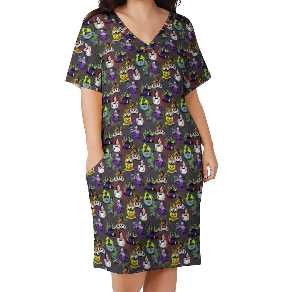 Villain Tea Cups Women's V-neck Loose Dress With Pockets